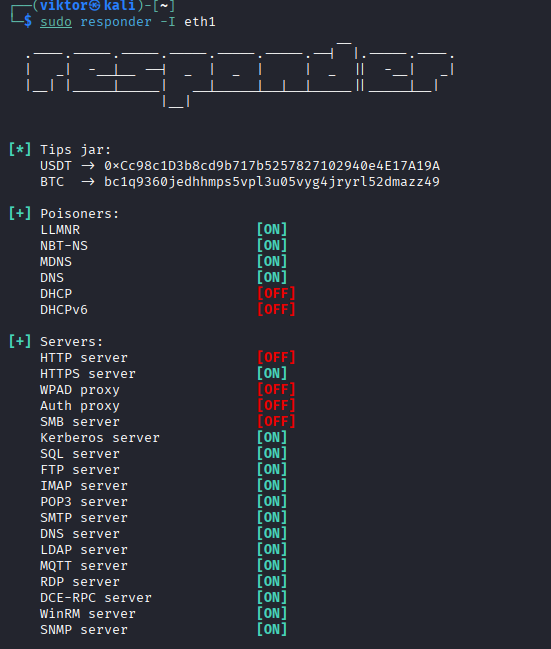 Responder listening with its SMB and HTTP servers disabled