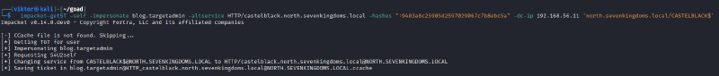 Impacket obtaining an S4U2Self HTTP service ticket for blog.targetadmin